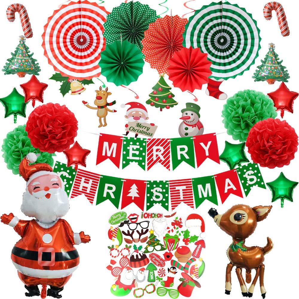 59 PCS Decoration Supplies - “Merry Christmas” Banner Paper Flowers Pom Poms Balls Hanging Tassel balloons. For Xmas Holiday Party Decor Supplies Christmas Home Decoration Christmas Photo Booth Props