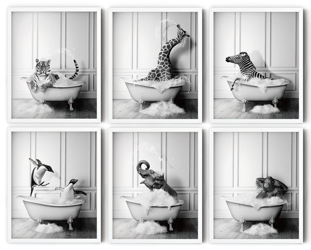 Funny Bathroom Decor Wall Art Cute Black and White Animals in Bathtub Rustic Farmhouse Home Wall Decor Giraffe Penguin Elephant Pictures Prints for Living Room Kids Bathroom,(6PCS, 8"x10", Unframed)