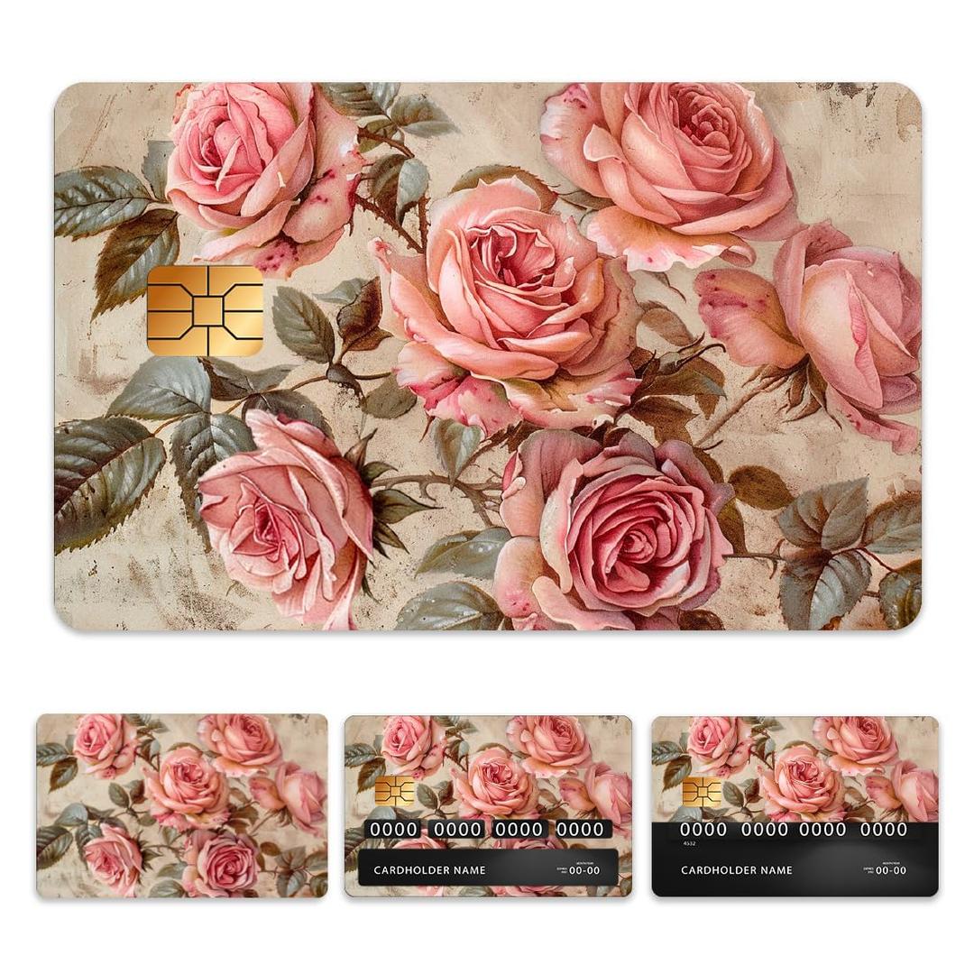 Vintage Pink Rose Credit Debit Card Skin Decal Personalized Sticker, 4 Styles Bank Card Cover with Chip and Full Cover Waterproof Attractive Custom Skin for Transportation Card