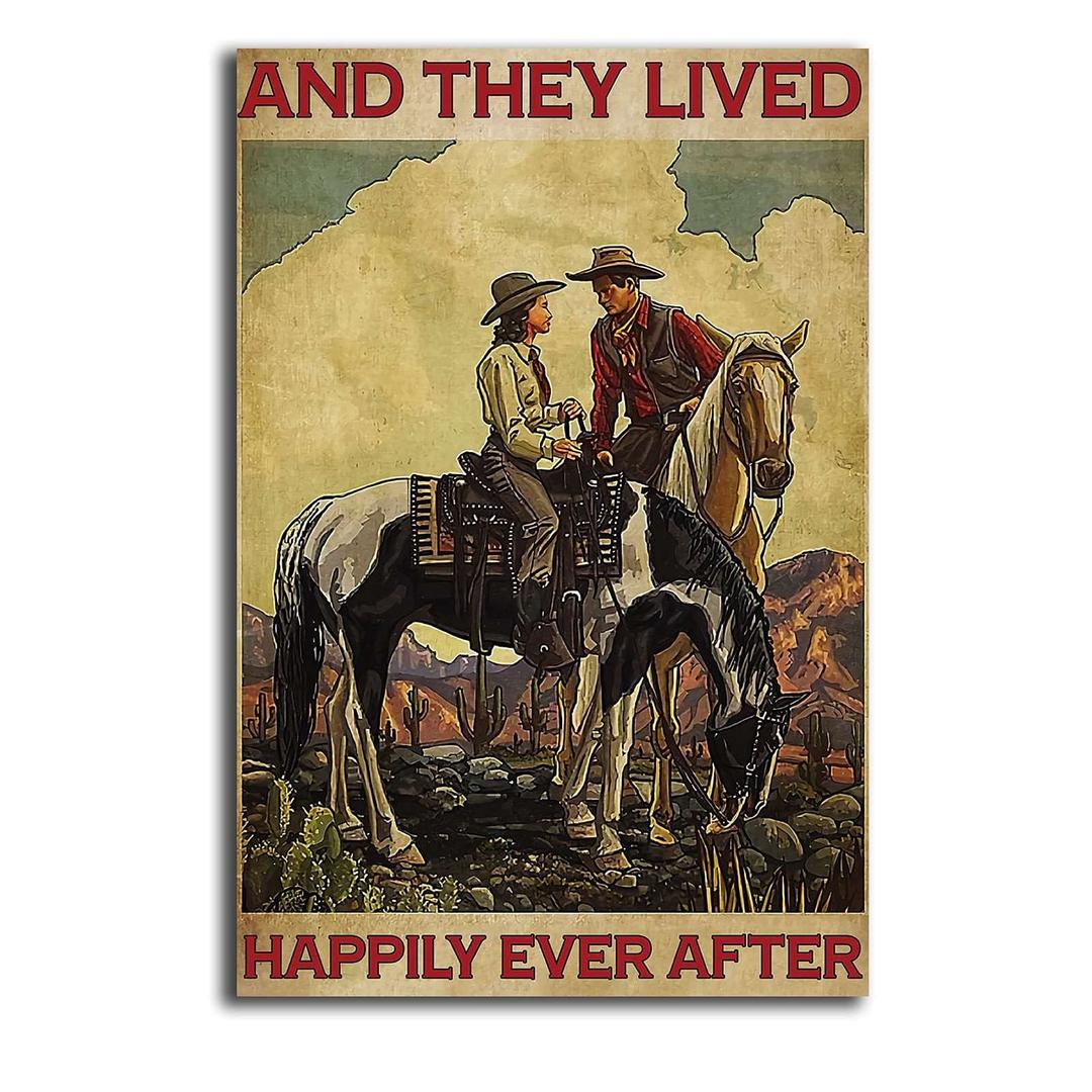 DPHGQGKWith Frame Vintage Retro Couple Poster Cowboy And They Lived Happily Ever After Poster Cowboy Poster Cowgirl Poster Cowboy Art Canvas Prints Wall Art for Living Room 12x18inch Wooden Framed