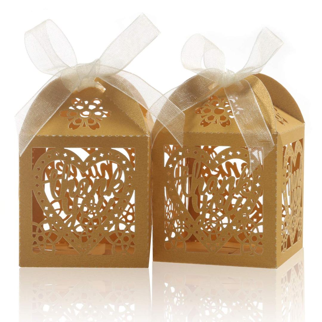 COTOPHER Laser Cut Boxes, 100pcs Thank You Gift Boxes Wedding Party Favor Boxes Lace Candy Boxes for Wedding Bridal Shower Baby Shower Birthday Party Decorations with Ribbons (2x2x2.75inch, Gold, 100)