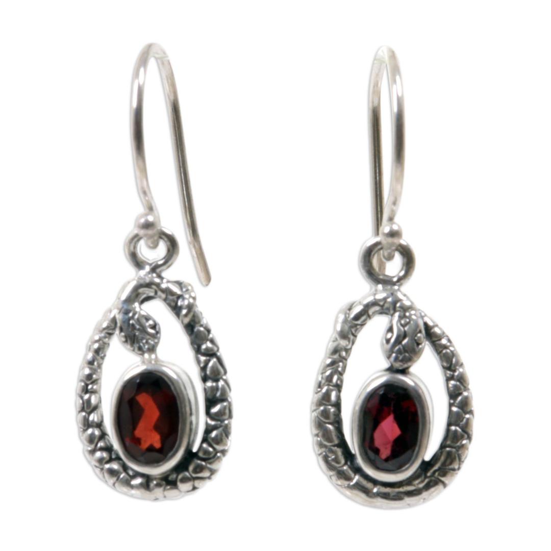 NOVICA Fair Trade .925 Sterling Silver and Garnet Stone Snake Earrings, Rainforest Goddess'