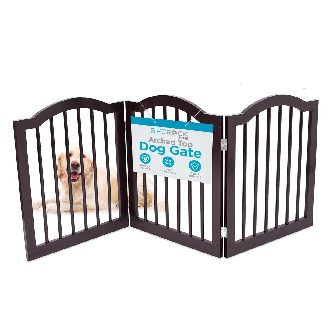 INTERNET'S BEST Arched Top Dog Gate | 3 Panel, 24" H Wooden Pet Barrier for Dogs or Cats | Freestanding Folding Room Divider for Doorways, Hallways, Stairs, and Porch | Portable, Extra Wide | Espresso