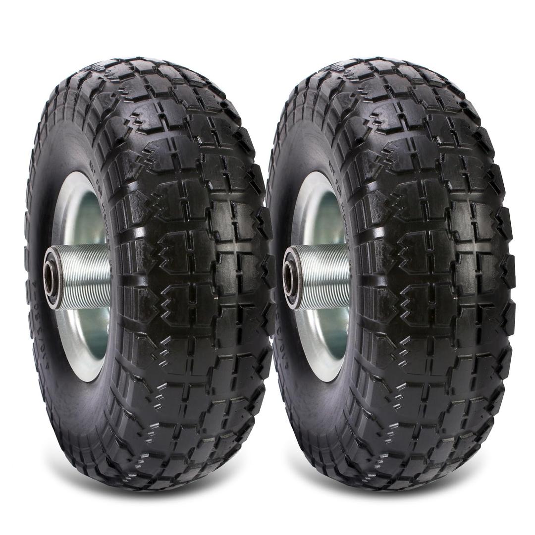 (2 Pack) 10 Inch Solid Polyurethane Tire 4.10/3.50-4 Tire, 10" Flat Free Wheels with 5/8" Bearings, 2.2" Offset Hub for Garden Cart, Hand Truck, Lawn Cart, Mower