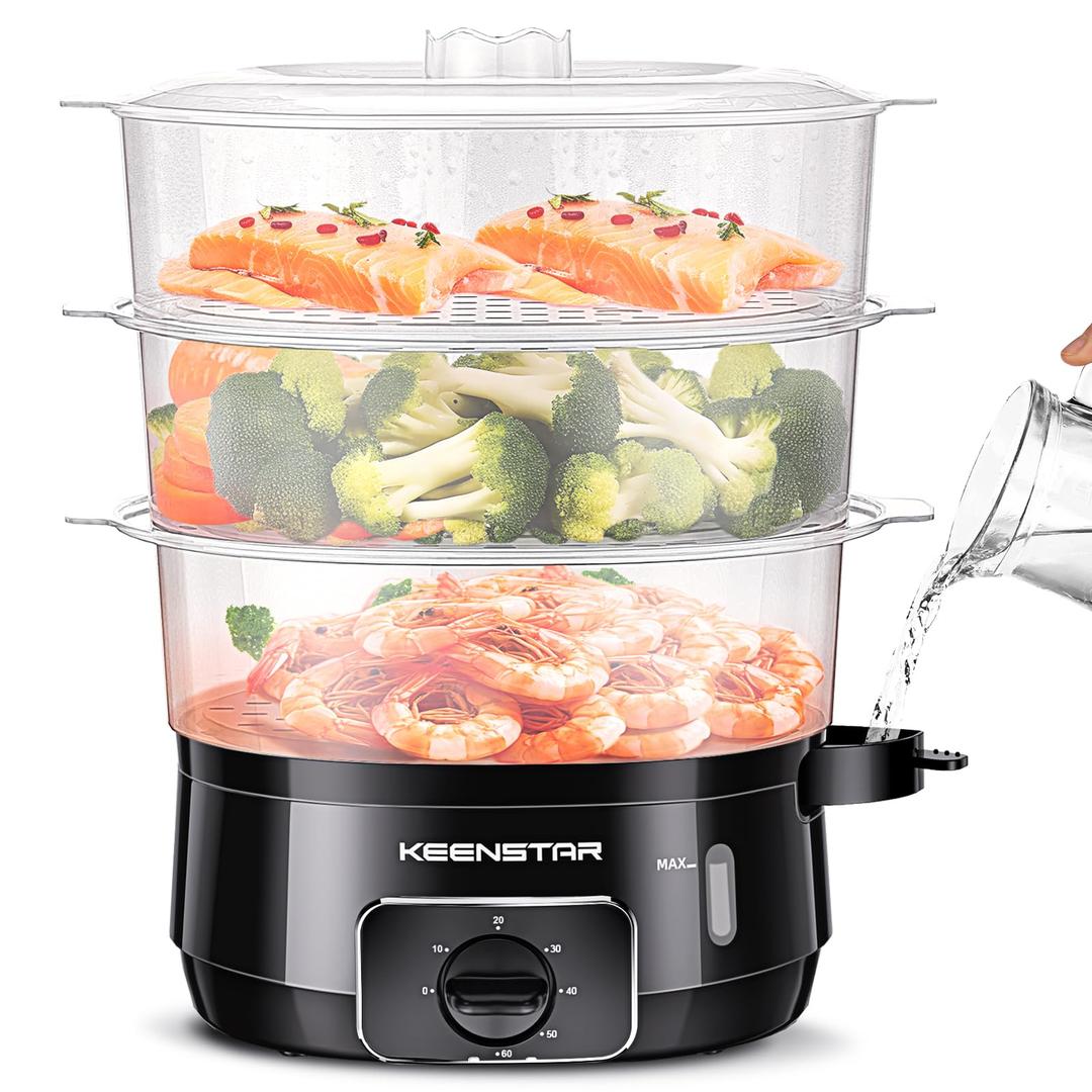 13.7QT Electric Food Steamer for Cooking, 3 Tiers Vegetable Steamer, 800W Fast Simultaneous Cooking, 60-Minute Timer, Veggies Steamer, Ideal for Fish Seafood Rice, BPA-Free Baskets(Black)