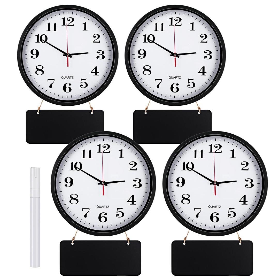 Inbagi 4 Pieces Wall Clocks Set Include Quartz Wall Clock Battery Operated Round Clock with 4 Pieces Hanging Chalkboard and White Marker Pen for School Office Home Room Kitchen (Black,12 Inch)