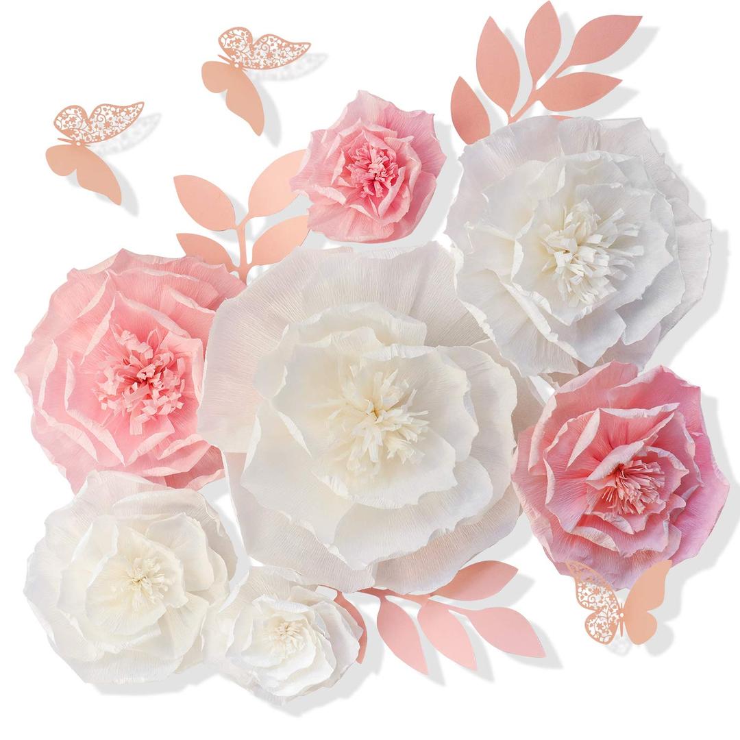 13 Pieces 3D Paper Flowers Pink White with Trees 10" 8" 6" 4" Craft DIY Large Wall Decorations Pom Pom Giant Backdrop Photo Booth Baby Shower Decor Centerpiece Wedding Birthday Party Craft Art