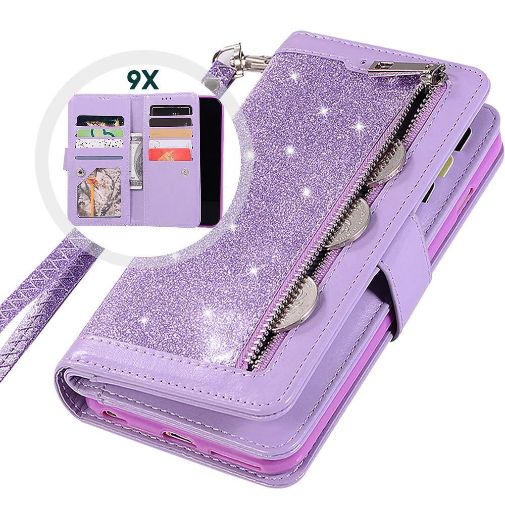 Iphone11 Bling Wallet Case for Women,iphone 11 Case Wallet,Auker Trifold 9 Card Holder Folio Book Glitter Leather Flip Magnetic Sparkly Protective Purse Case with Strap&Kickstand/Money Pocket (Purple)