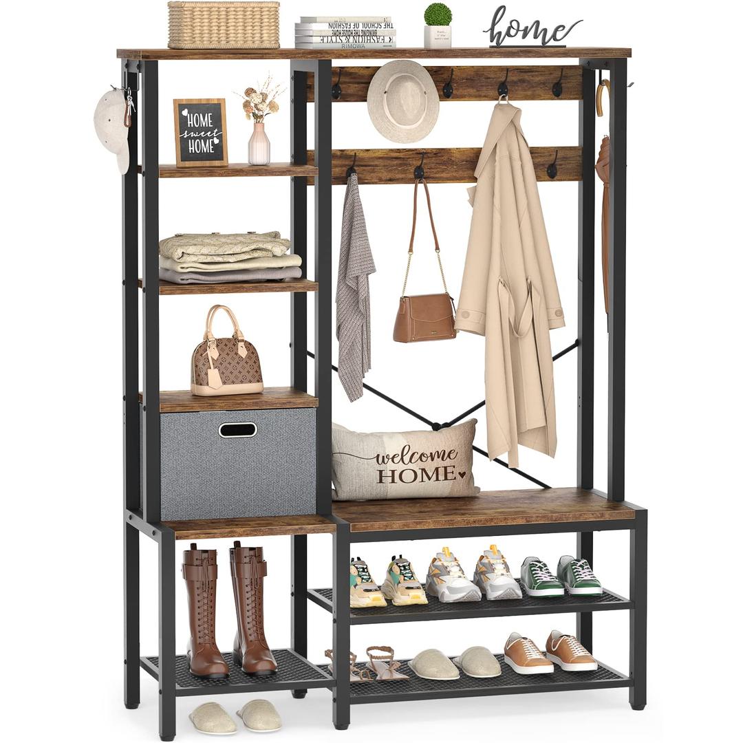 Aheaplus Hall Tree with Storage Bench, Coat Rack, 5-Tier Shelves, Fabric Storage Basket, Side hooks, 71’’ Industrial 5 in 1 Large Organizer, Wood Look Accent Furniture-Sturdy Metal Frame, Rustic Brown