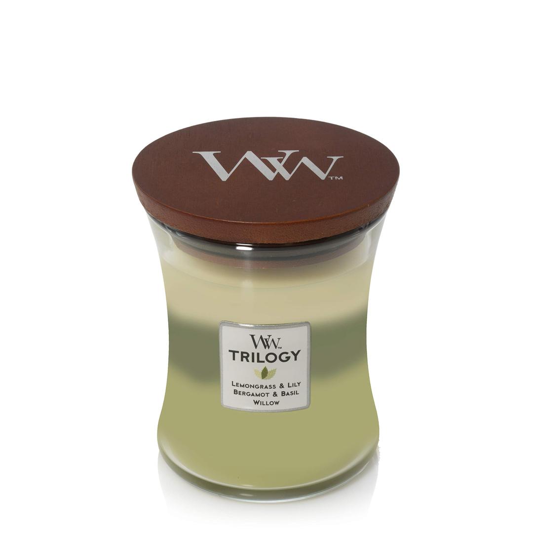 Woodwick Hourglass Scented Trilogy Candle with Pluswick Innovation, Garden Oasis, Medium