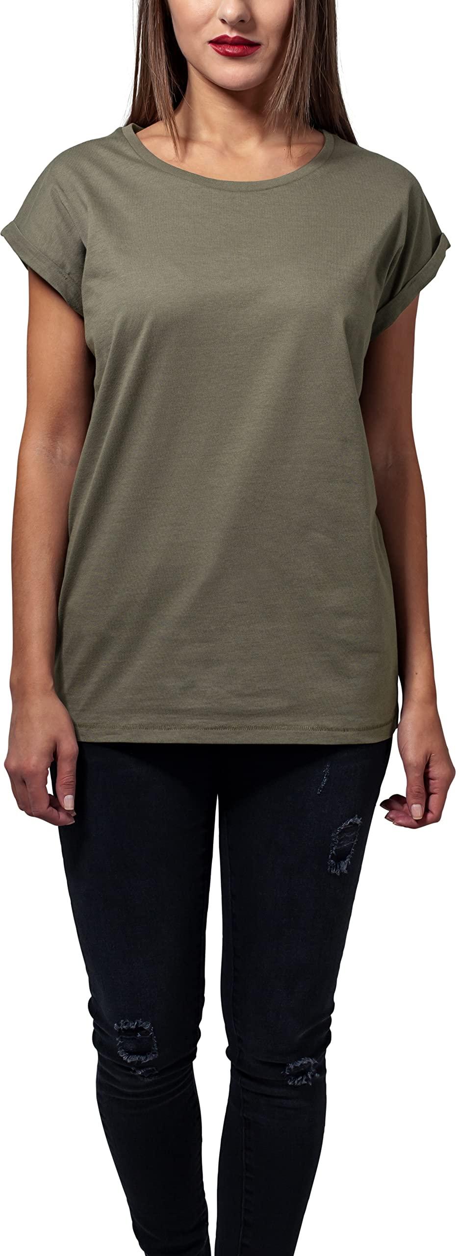 Women's Ladies Extended Shoulder Tee Basic Capsleeves, Shortsleeve T-Shirt Top with Crew Neck, Olive, L