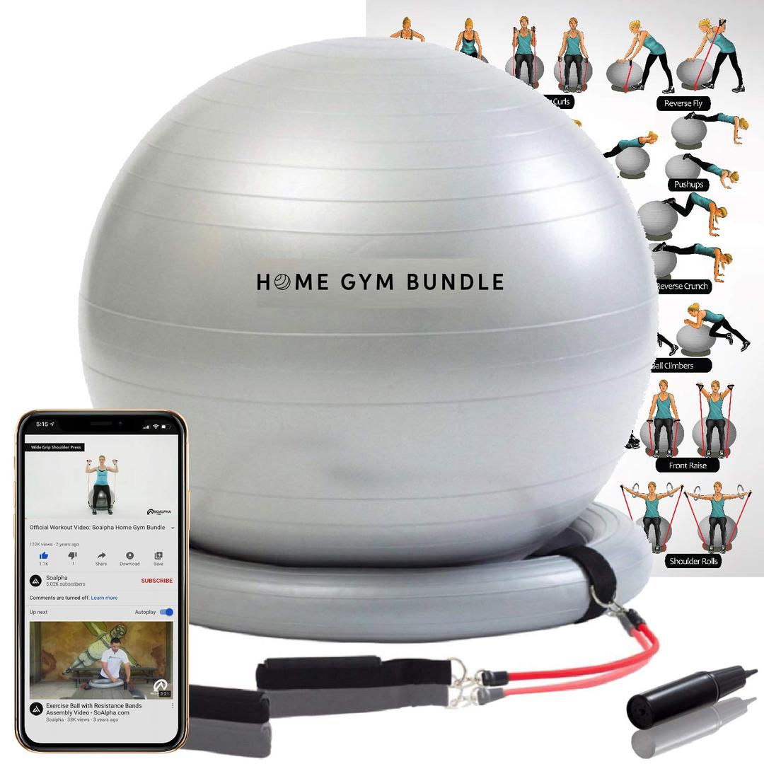 Home Gym Bundle Exercise Ball Chair - Yoga Fitness Pilates Balance Ball & Stability Base for Home Gym & Office - Resistance Bands, Workout Poster & Pump. Improve Abs, Booty, Core, Strength, & Posture