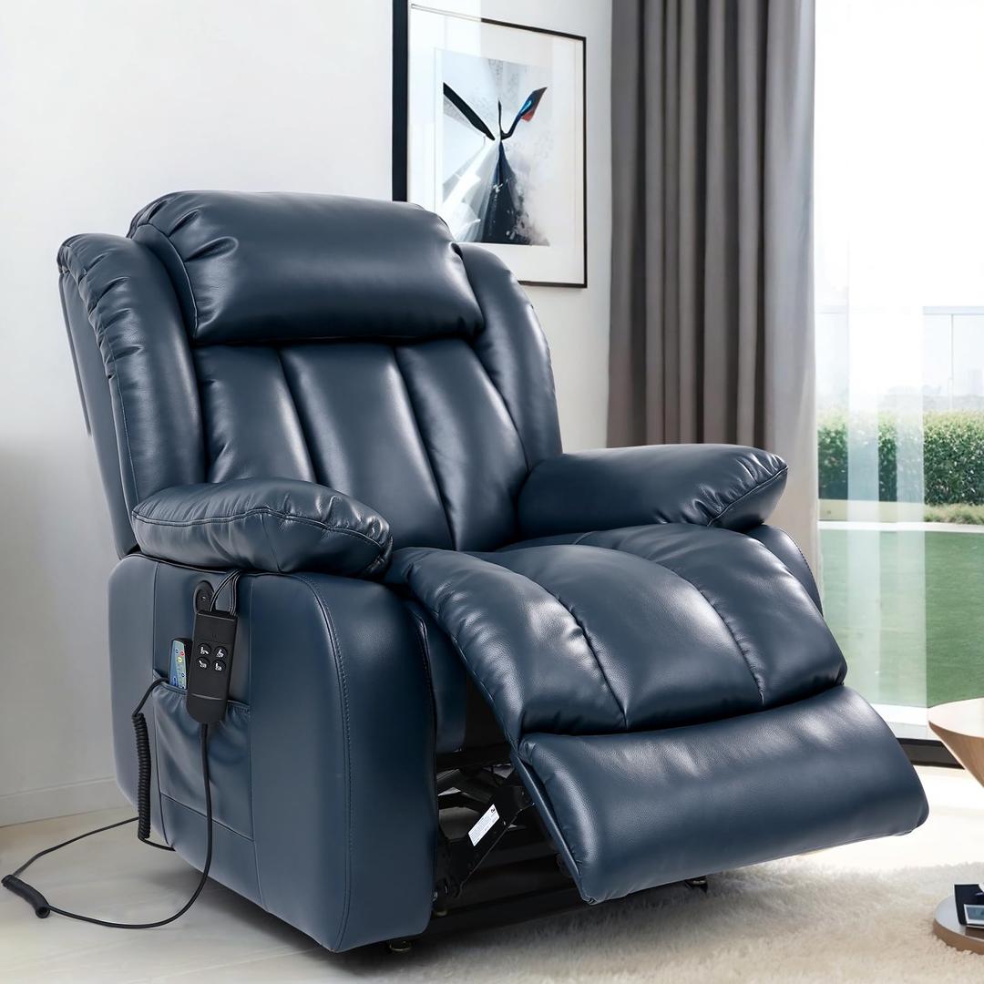 Dual Motor Breathing Leather Recliner, Infinite Position Power Lift Chair, Heating and Massage Function Elderly Recliner for Living Room, USB Port and Remote Control(Deep Blue)