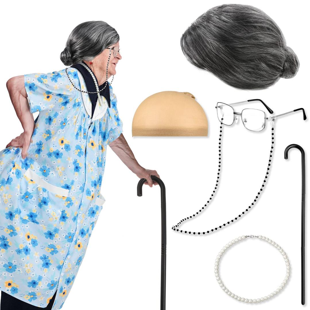 Zhanmai 7 Pcs Old Lady Costume for Kids Women Short Sleeve Robe Granny Wig Foldable Crutch Glasses Chains Cords Strap Pearl Beads