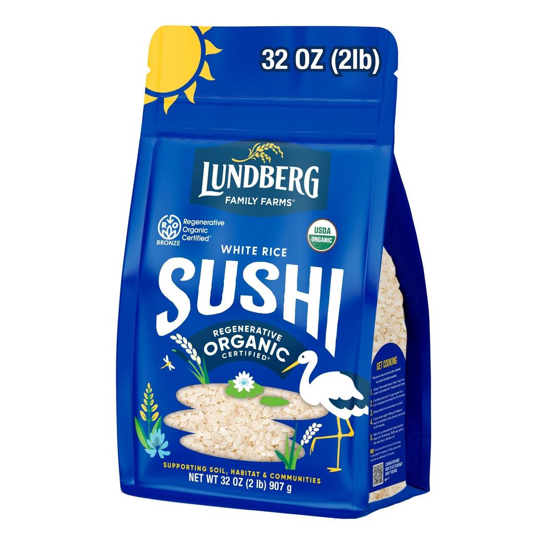 Lundberg Organic California Sushi Rice - Short Grain Rice, White Japanese-Style Sticky Rice for Perfect Sushi Rolls, Rice Bowls, and Mochi, White Rice Grown in California, 32 Oz