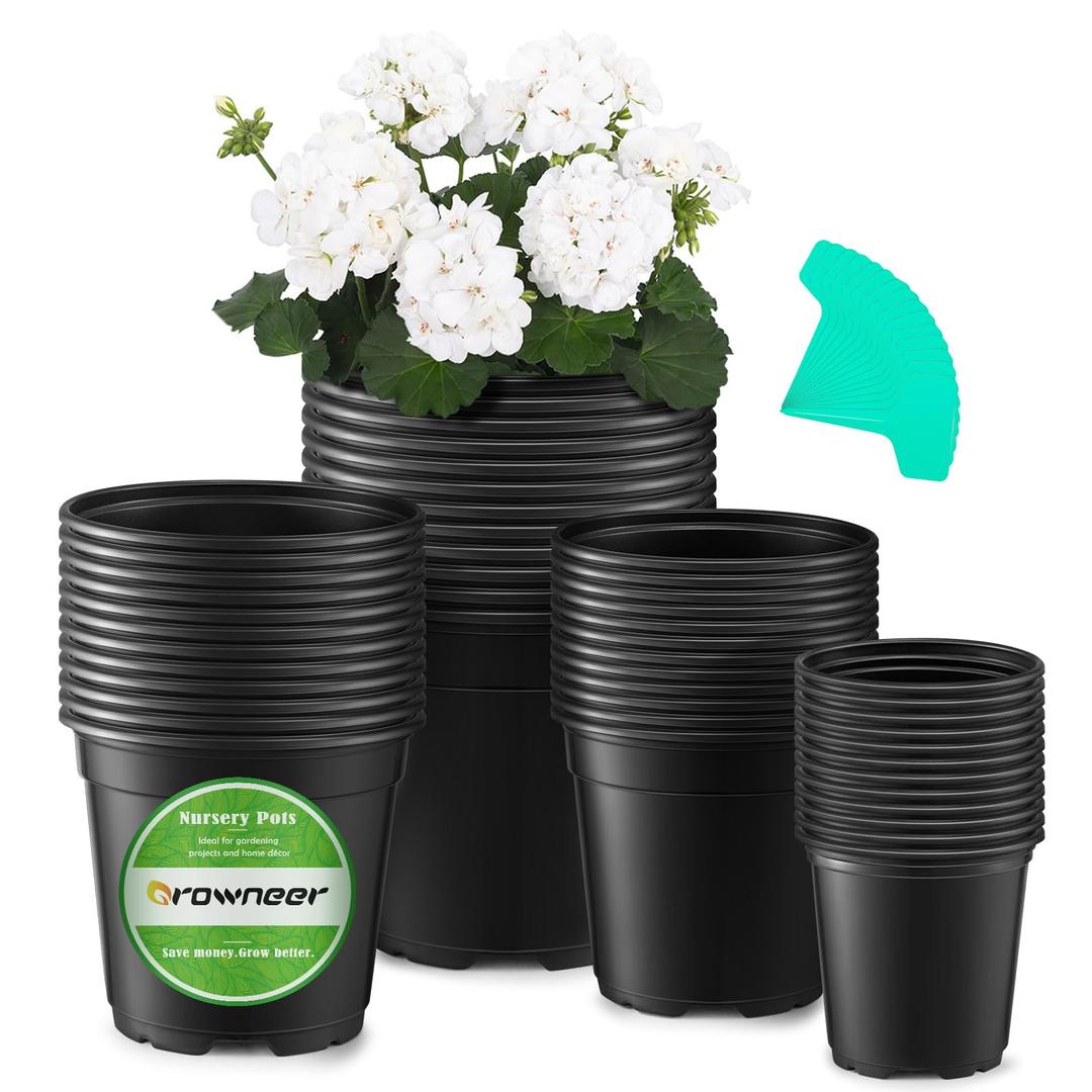 GROWNEER Nursery Pots with Drainage Holes Pack of 48 Pots 3.5/4.5/5.5/6.5 Inch and Plant Label Flexible Seedling Pots Seed Starting Planter for Indoor Outdoor Flowers, Succulents, Cactus