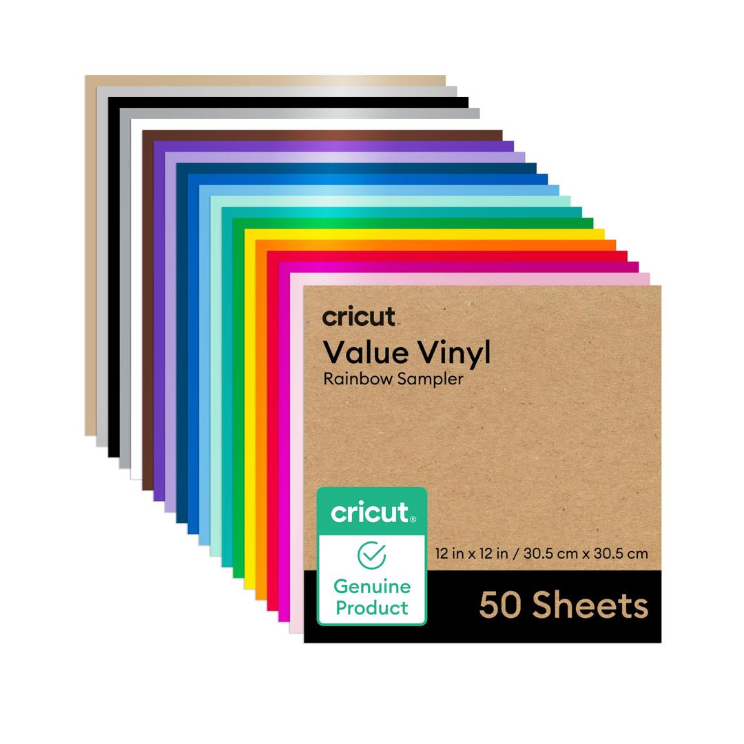 CricutValue Permanent Vinyl - 50ft Rainbow Sampler, 12in x 12in Sheets (50 Count)