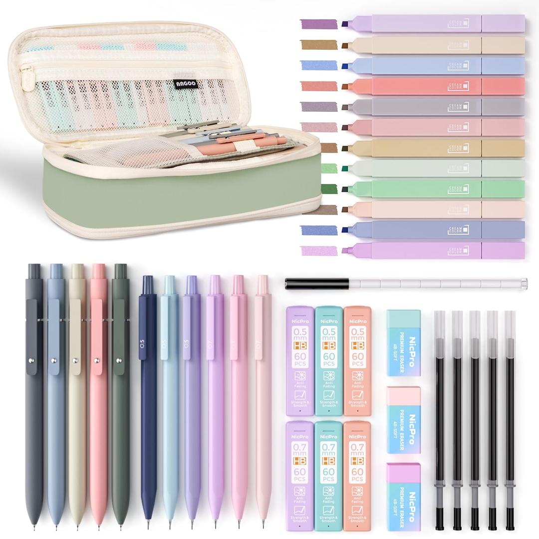 Nicpro 39 PCS Aesthetic School Supplies with Big Capacity Pen Case, 12 Color Pastel Highlighters, 5 Quick Dry Retractable Black Ink Pens, 6 Pastel Mechanical Pencil 0.5 & 0.7 mm for Student Stationary