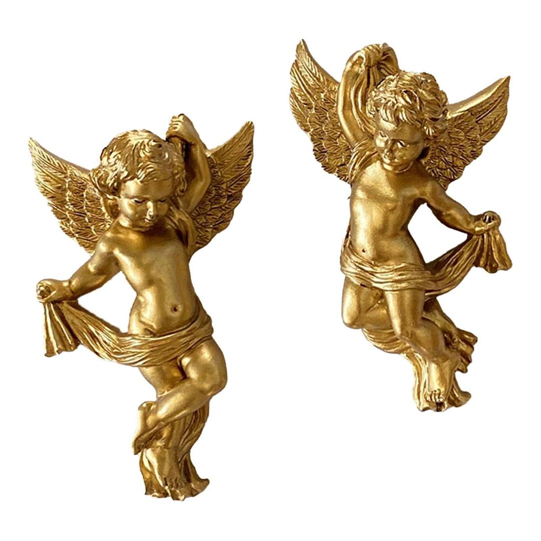 Set of 2 Resin Angel Cherub Wall Sculptures Angelic Figure Lovely 5.7inch Tall Wall Decoration for Living Room Lightweight