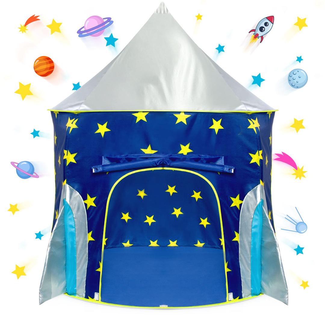 USA ToyzRocket Ship Pop Up Kids Tent - Spaceship Rocket Indoor Playhouse Tent for Boys and Girls with Included Space Projector Toy and Kids Tent Storage Carry Bag