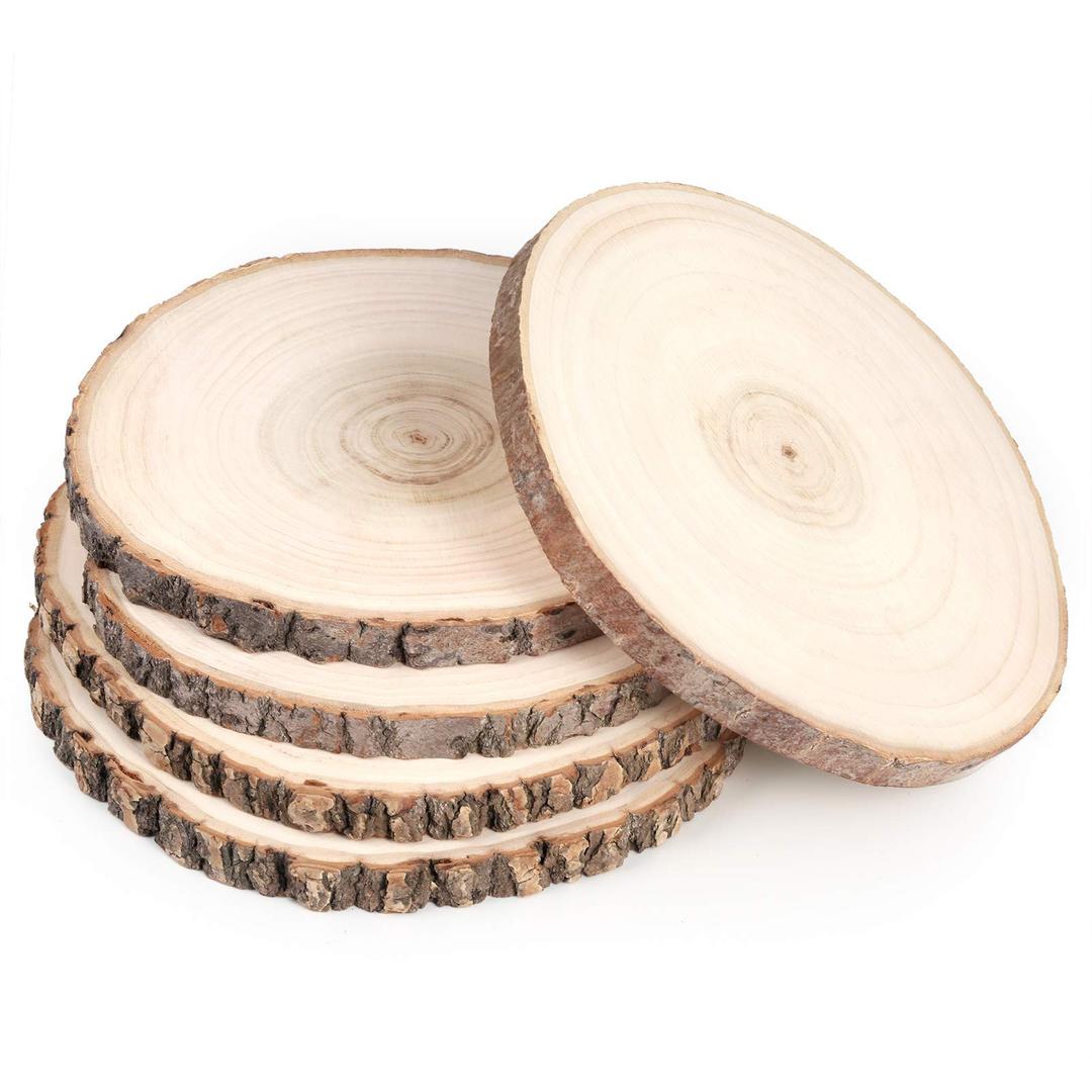 Pllieay 5Pcs 8-9 Inch Round Wood Slices, Unfinished Natural Poplar with Tree Bark, Disc Coasters Wood Coaster for Weddings, Table Centerpieces and Other DIY Projects