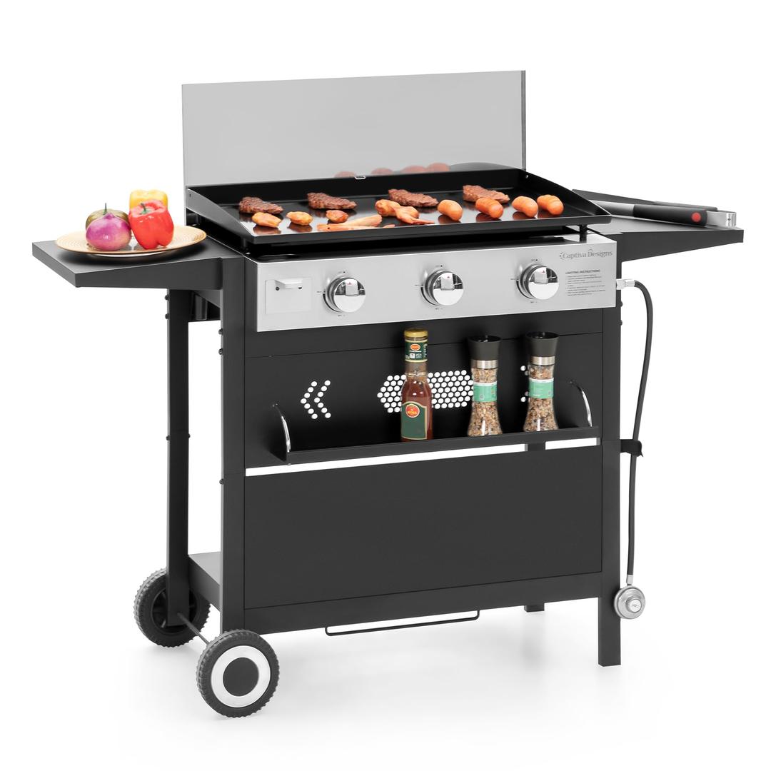 Captiva Designs 27 in Flat Top Grill with Ceramic Coated Cast Iron Pan, 3-Burner Propane Gas Griddle Grill, 33,000 BTU Output Flattop Grill for Outdoor Barbecue, Cooking and Party