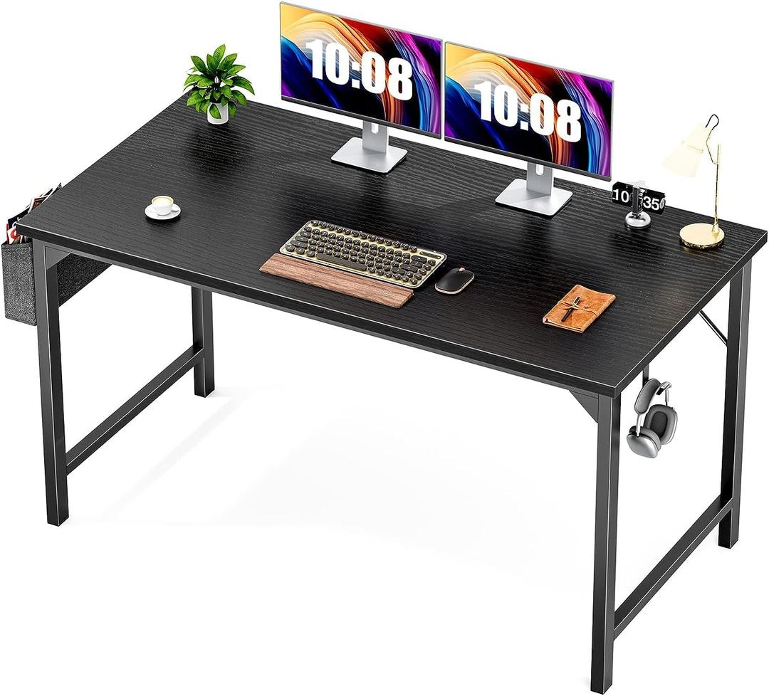 Sweetcrispy Computer Desk - Office 48 Inch Writing Work Student Study Modern Simple Style Wooden Table with Storage Bag & Iron Hook for Home Bedroom - Black