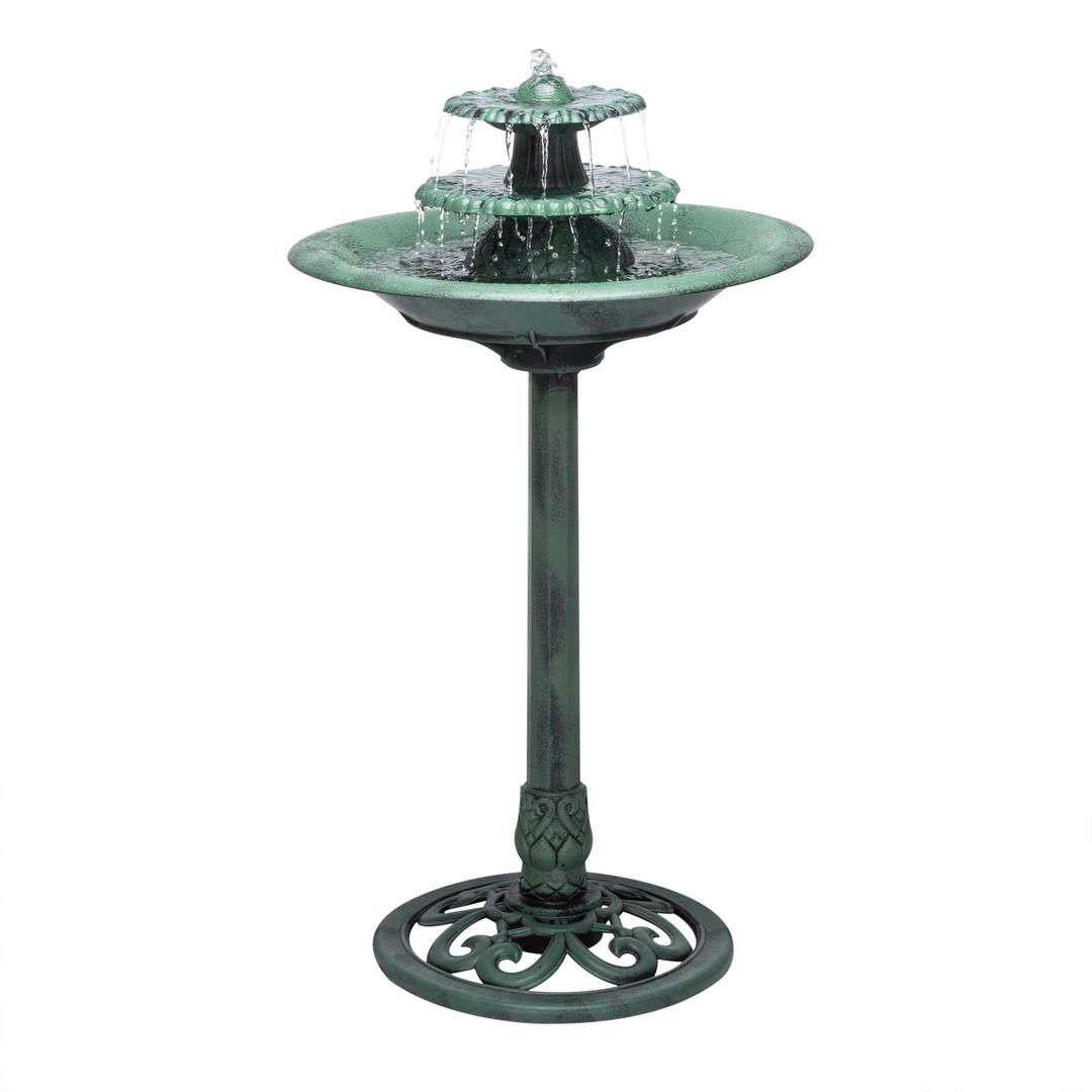 Alpine Corporation TEC106 Outdoor Floor 3-Tiered Pedestal Water Fountain and Birdbath, Pedestal Waterfall Fountain, 35", Green