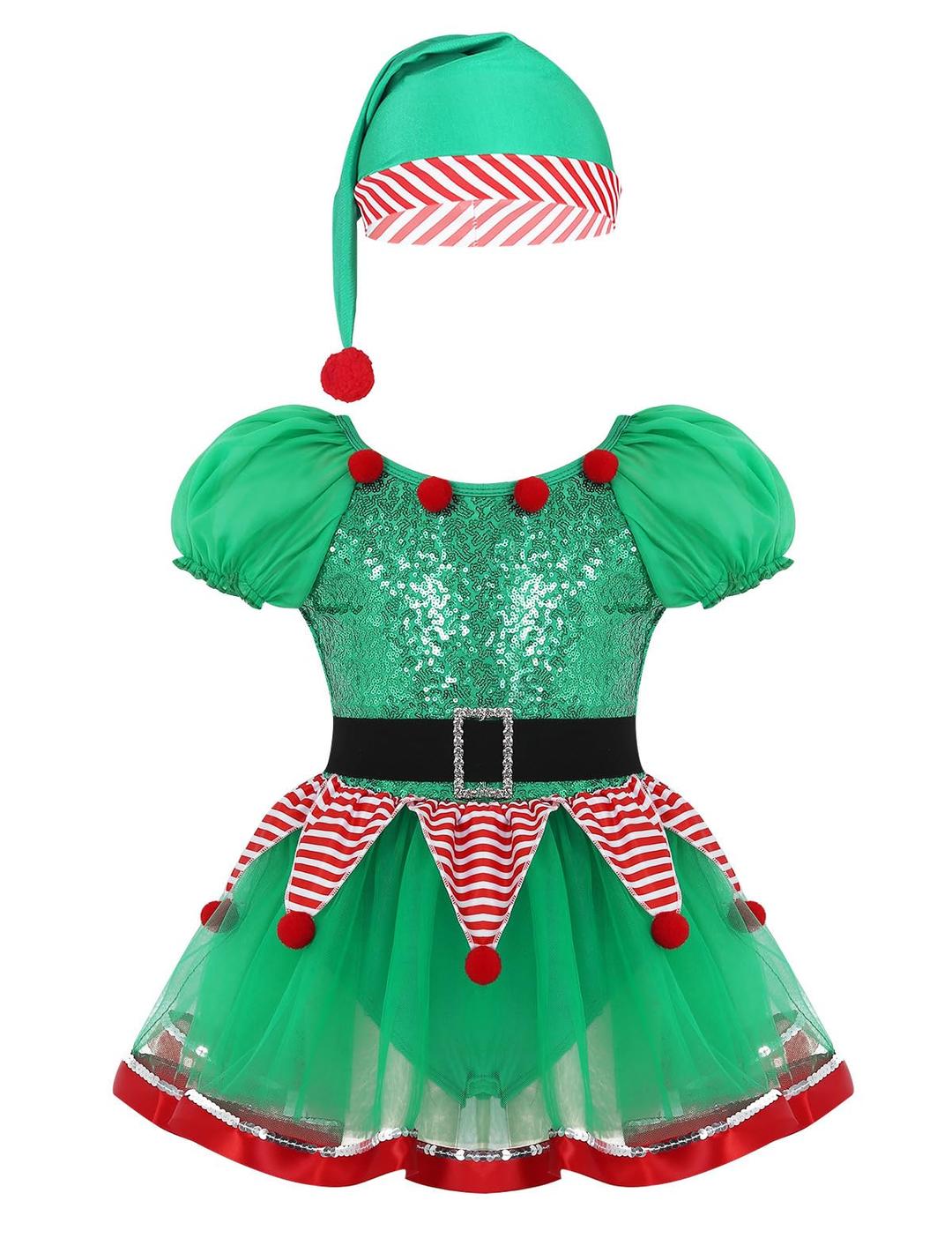 Kids Girls Christmas Elf Tutu Dress Fairy Spirit Costume Clown Dancewear Sequined Holiday Fancy Dress up