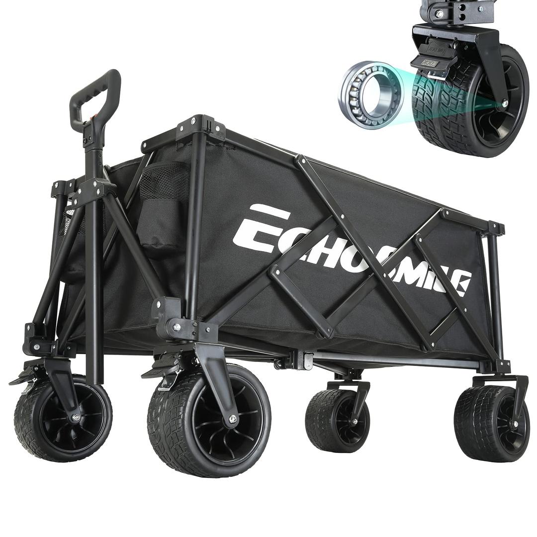 EchoSmileCollapsible Folding Utility Wagon Cart, Adjustable Handle, 400lb Capacity, Black, Outdoor Use