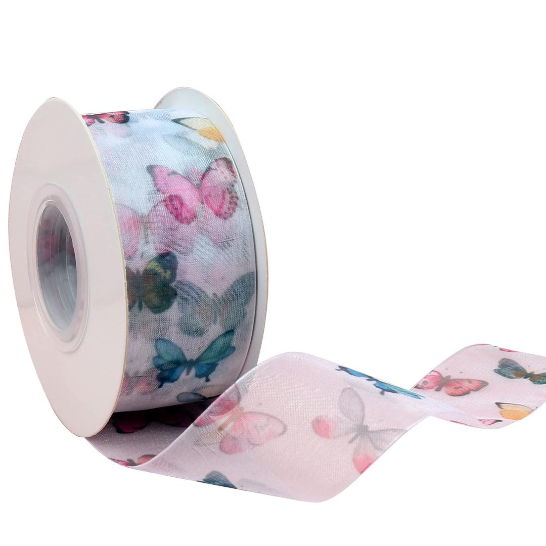 25 Yards Butterfly Printed Silk Ribbon for Gift Wrapping, Chiffon Spring Ribbons for Crafts, Ribbon for Floral , Flower Bouquet, Bows, Wedding, Decoration (White, 1.5")