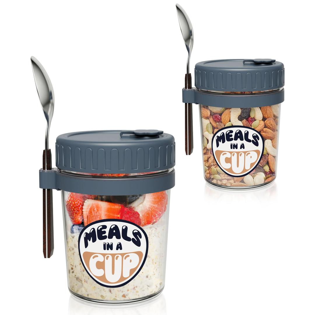 2 Pack Overnight Oats Containers with Lids and Spoons - 16 Oz Glass Mason Jars for Overnight Oats, Leak Proof Oatmeal Container, Meal Prep Jars for Milk, Cereal, Yogurt, Fruit (Grey)