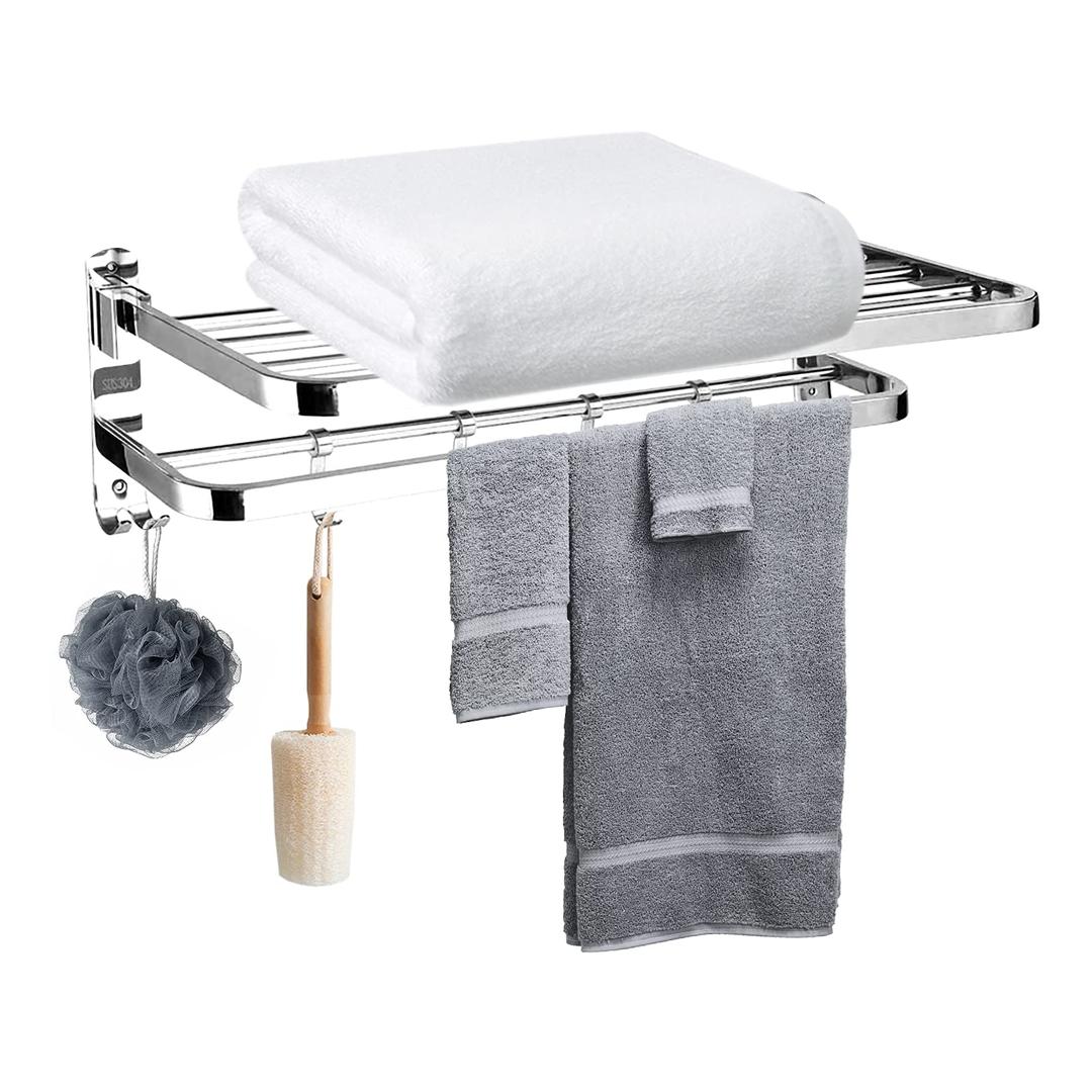 Auropeak Bathroom Towel Rack, Towel Shelf with Two-Tier Architecture, Folding Towel Bars Wall Mount Holder, 4 Removable Hooks and Adjustable Towel Bar, 15.4 Inch SUS 304 Stainless Steel, Silver