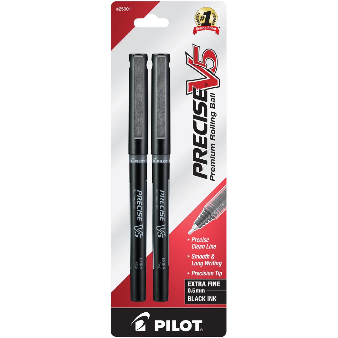 PILOT Precise V5 Stick Liquid Ink Rolling Ball Stick Pens, Extra Fine Point (0.5mm) Black Ink, 2-Pack (25001)