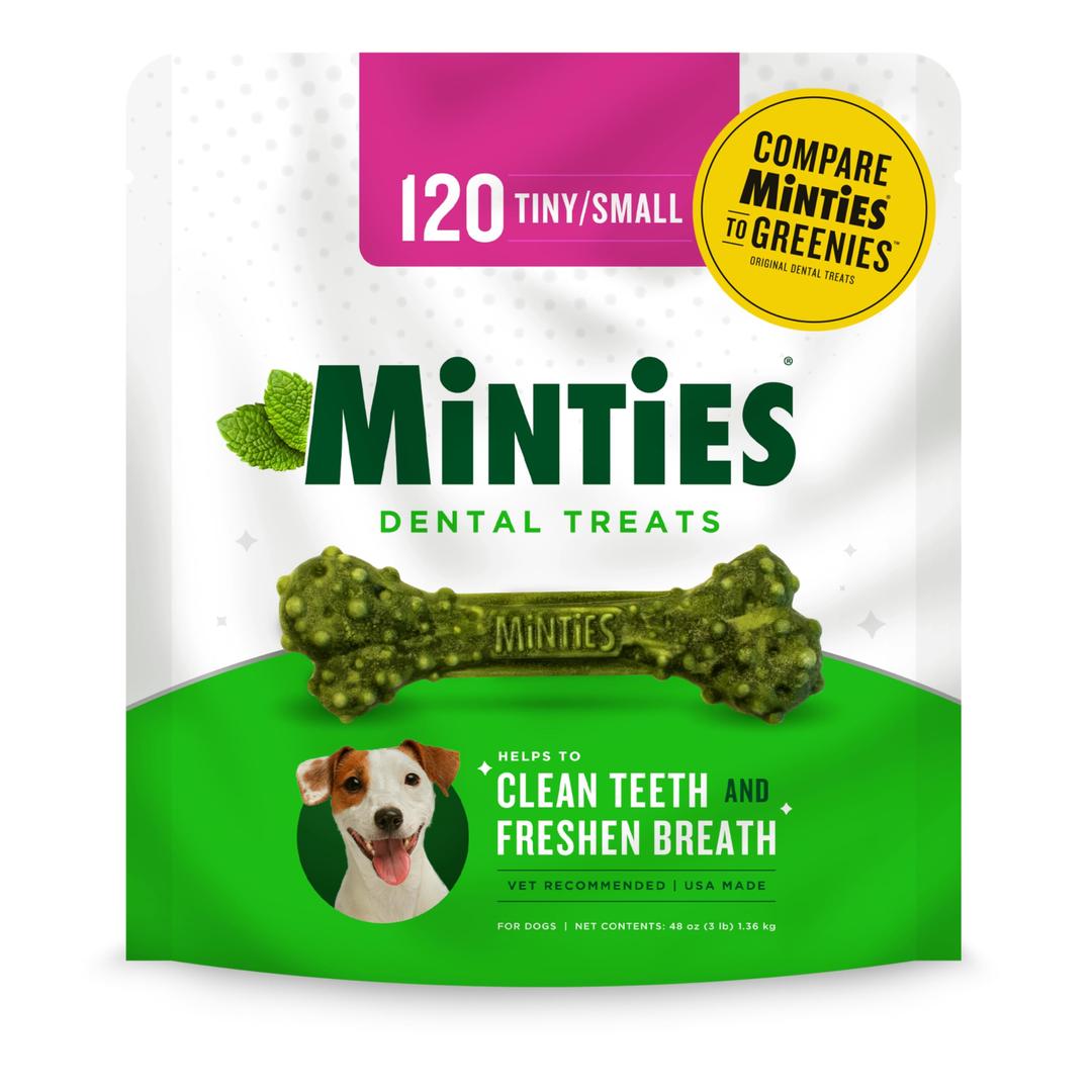 MintiesDental Chews for Dogs, 120 Count, Vet-Recommended Mint-Flavored Dental Treats for Tiny/Small Dogs 5-24 lbs, Dental Bones Clean Teeth, Fight Bad Breath, and Removes Plaque and Tartar