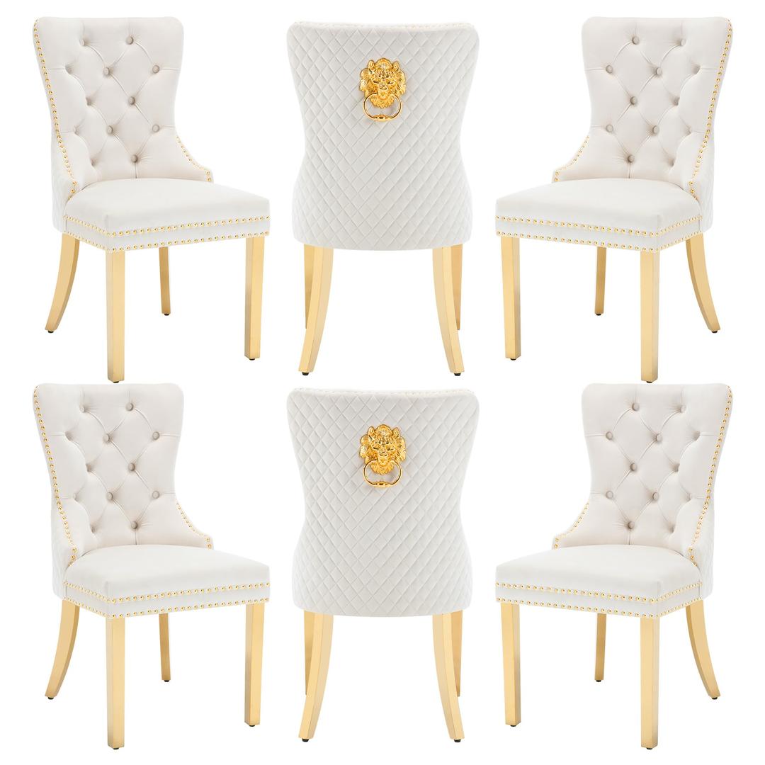 Velvet Dining Chairs Set of 6, Nikki Collection Dining Room Chairs with Gold Stainless Steel Legs and Lion Head Pull Ring, Luxury Side Chair with Nailhead Trim and Button Tufted Back, Beige