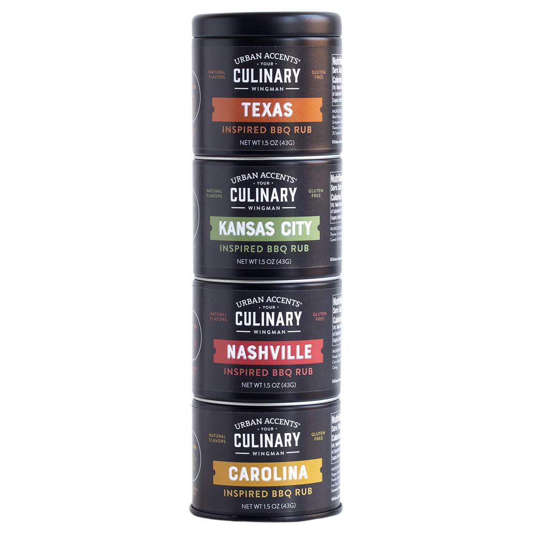 Urban Accents BBQ ROAD TRIP TOWER, Gourmet BBQ Rub Set, Grilling BBQ Rubs and Spices for Smoking Meat (Set of 4) - BBQ Meat Seasoning - Perfect Set for the Grill Lovers on the Go