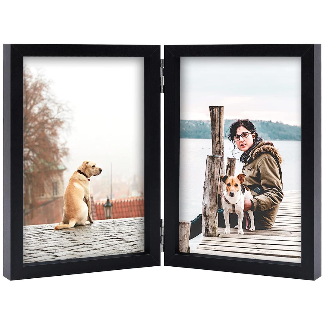 4x6 Double Picture Frame Wooden Hinged Photo Frame Definition Glass Stand Vertically on Desktop or Tabletop Black