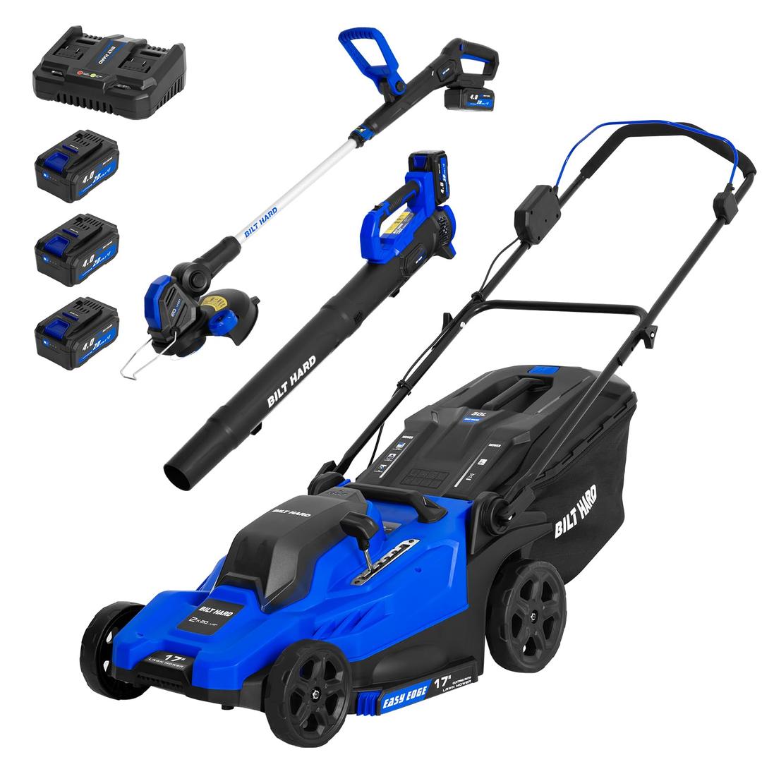 BILT HARD 40V 17" Brushless Cordless Lawn Mower, 2-in-1 12" String Trimmer & Edger and Leaf Blower Combo Set, Electric Battery Lawn Mower Set with 3 x 4.0Ah Batteries and Dual Charger