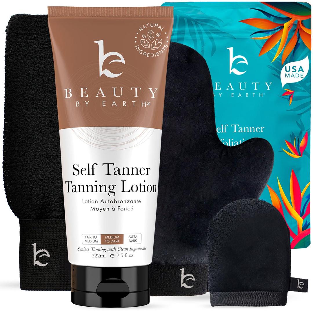 Self Tanner Kit - USA Made with Organic & Natural Ingredients, Tanning Lotion with Glove & Exfoliating Mitt, Non Toxic Gradual Tan Lotion, Sunless Tanner for Fake Tan, Streak Free & No Orange Tones