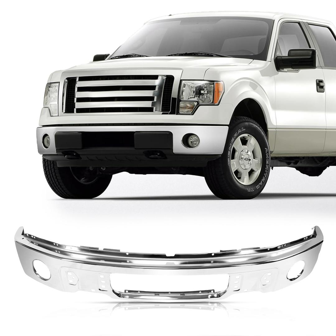 KYX Front Bumper Compatible for Ford F150 2009-2014 without Park Assist Sensor Holes, with Fog Light Holes, Chrome Steel Front Bumper Face Bar Replacement Number FO1002411, 9L3Z17757B