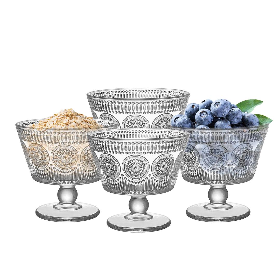 Vintage Glass Dessert Bowls, Set of 4, 9oz Glass Ice Cream Sundae Cups with Sunflower Pattern Glass Dessert Cups, Ideal for Ice Cream, Sorbet, Fruit, Snacks, Yogurt, and Appetizers (4PCS)