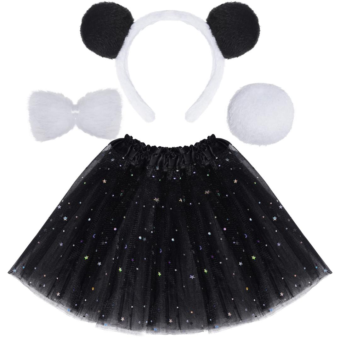 White Black Panda Costume Set Panda Ears Headband Tail Bow Tie Tutu Skirt Animal Fancy Costume Kit Halloween Cosplay Party Accessories for Kids Girls