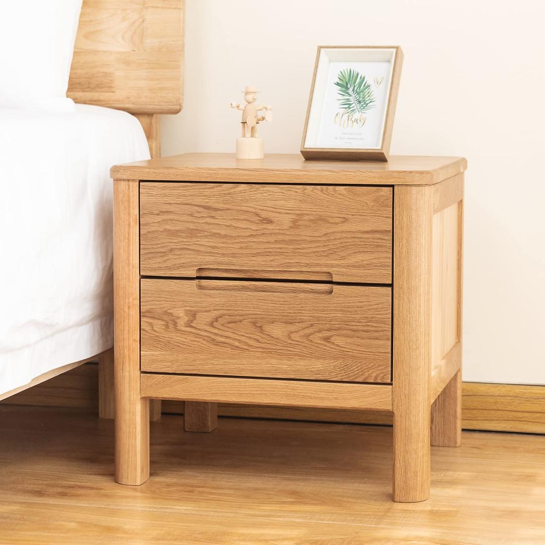 Cttasty Mid Century Modern Nightstand, Solid Wood Bedside Tables, End Table w/2 Drawers, Night Stand Without Installation, Durable & Sturdy Bed Side Table, 17.32" L x 15.75" W x 17.32" H (Natural)