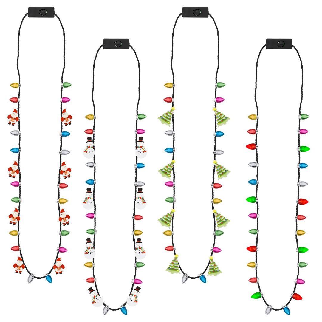 Christmas Necklace, 4Pcs Light Up Christmas Necklace, Glowing Bulb Christmas Tree Santa Candy Cane Necklaces, 3 Modes Colorful Christmas Party Favors, Ugly Xmas New Year Eve Party Supplies Accessories