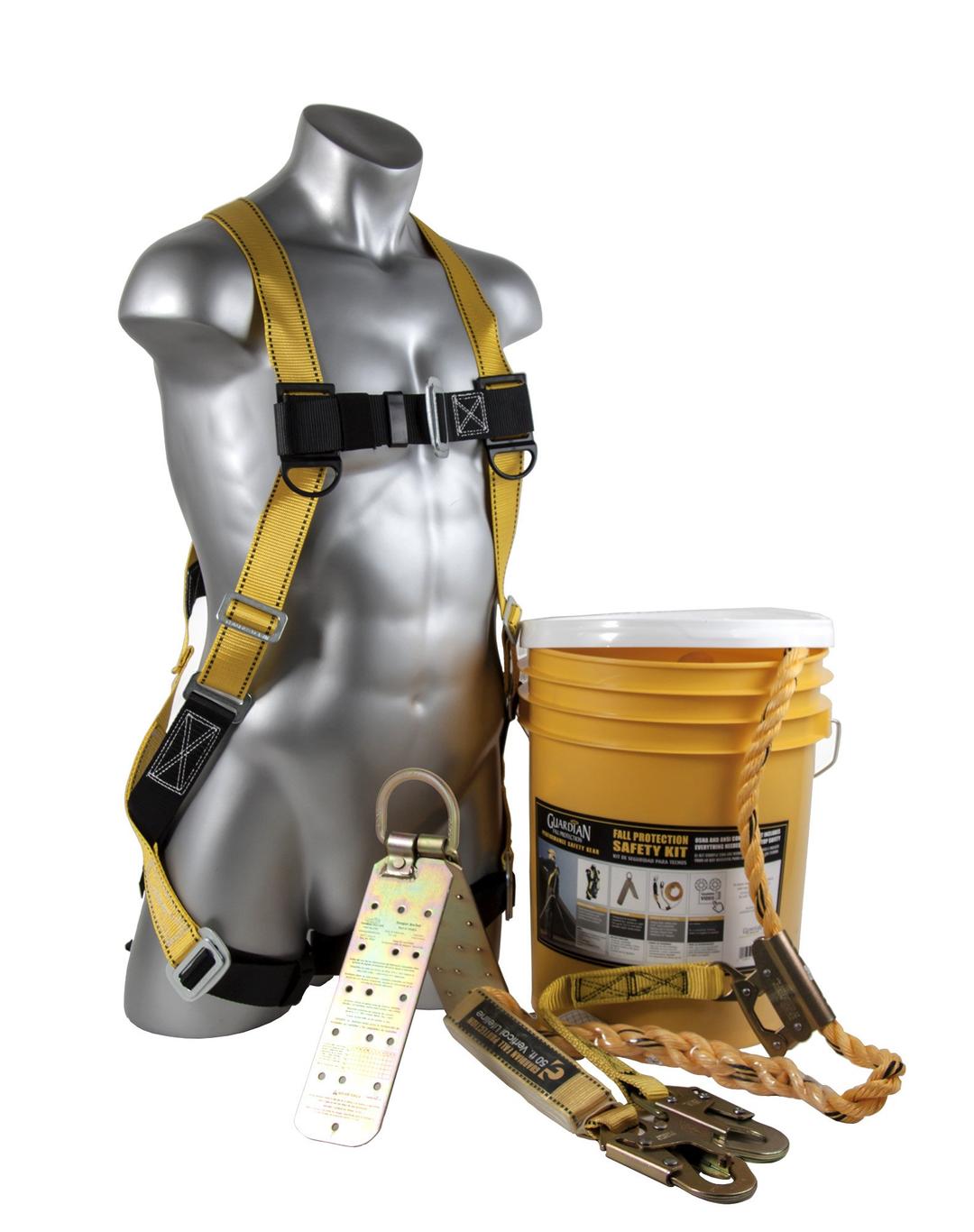 Guardian Fall Protection 00815 BOS-T50 Bucket of Safe-Tie - 5 Gallon Bucket, 50 ft. Vertical Lifeline Assembly, 5 Temper Reusable Anchor, Safety Harness Kit, Yellow