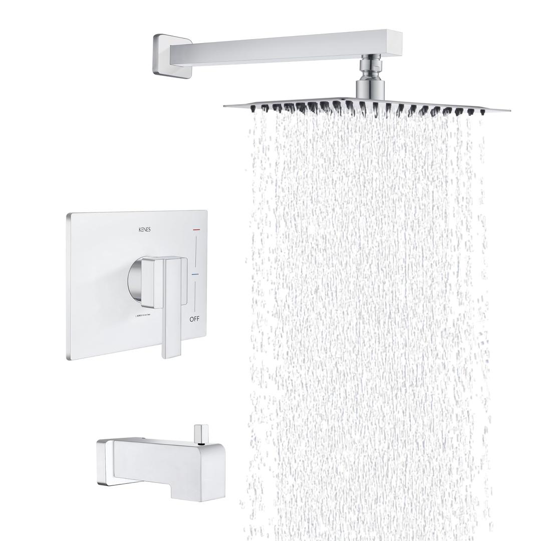 KENES Polished Chrome Tub and Shower Trim Kit, Shower Faucet with 8-Inch Rain Shower Head, Modern Single-Spray Shower Faucet Set, KE-6024A-5 (Shower Valve Included)