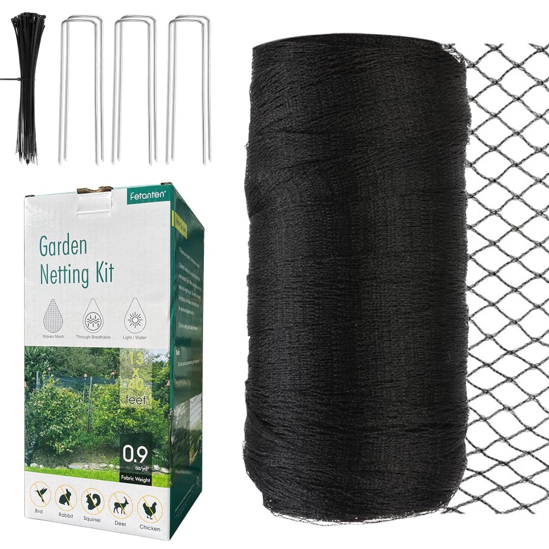 Bird Netting for Garden, Fetanten 13 x 40 FT Heavy Duty Garden Netting Mesh Pest Barrier with Ties and Staples for Vegetable, Fruit Trees, Blueberry Protection Against Birds, Deer, Poultry