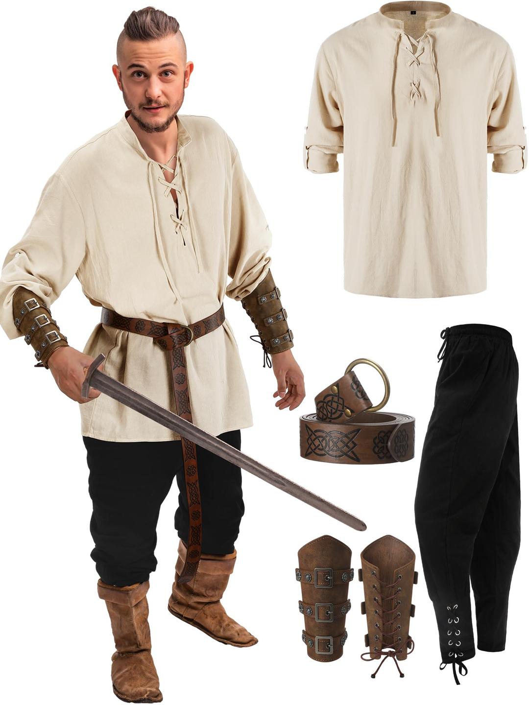 Jiuguva4 Pcs Halloween Men's Renaissance Costume Set Medieval Pirate Shirt Ankle Banded Pants Viking Belt Accessories