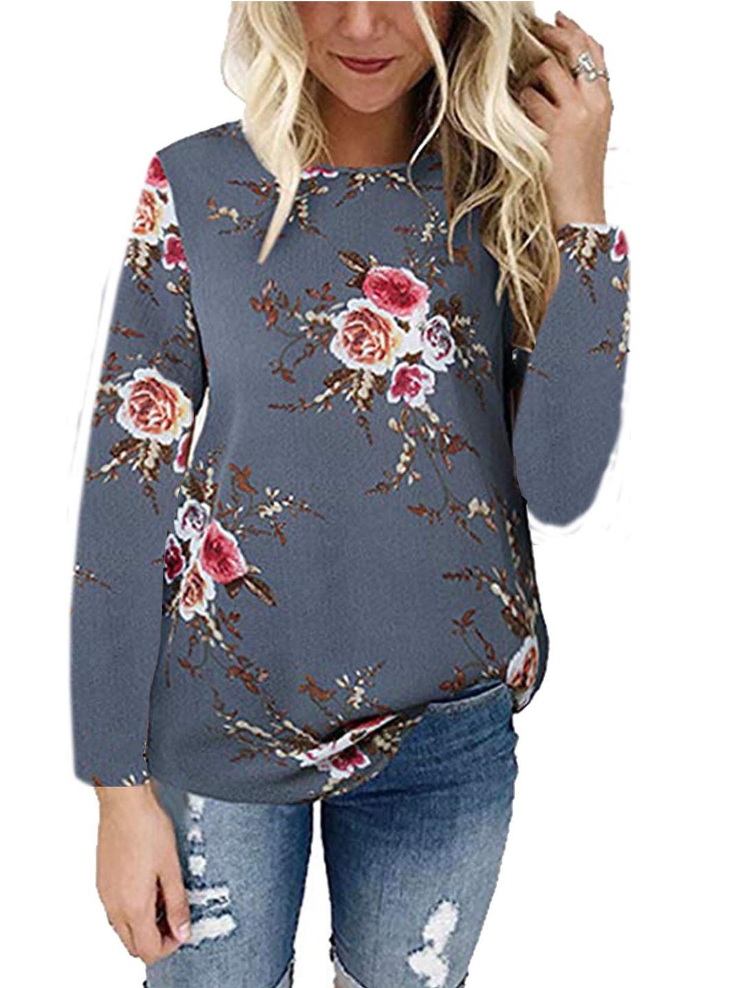 kigod Women's Casual Round Neck Floral Print T-Shirt Top Chiffon Long Sleeve Tops Blouse